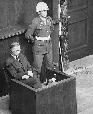 Former Nazi Party ideologist Alfred Rosenberg in the witness box at the International Military Tribunal war crimes trial at Nuremberg